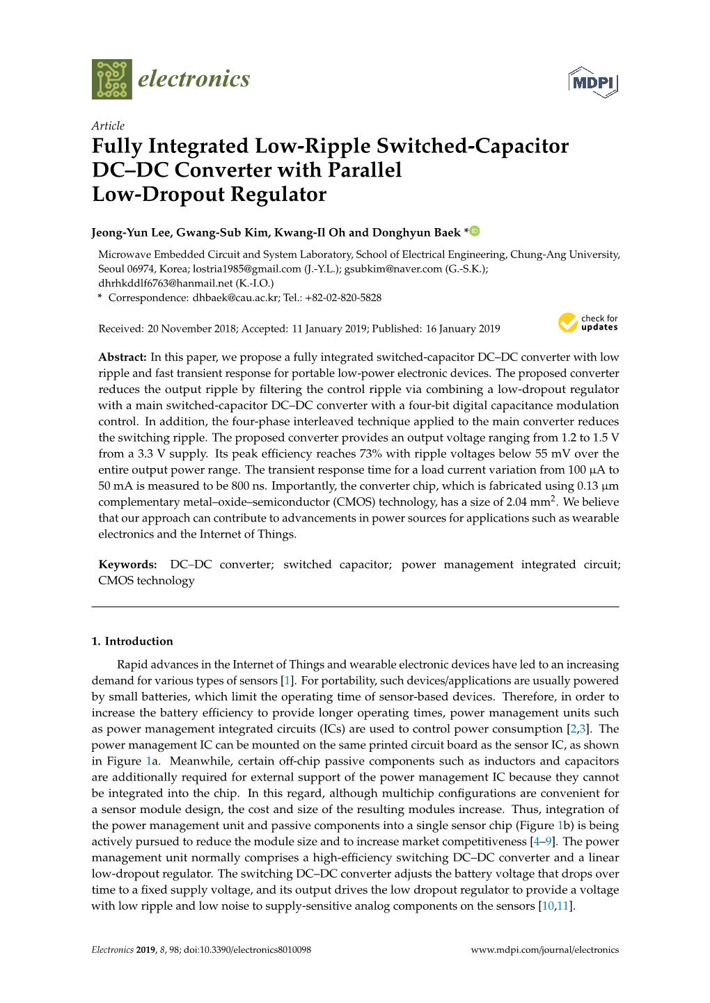 Fully Integrated Low-Ripple Switched-Capacitor DC–DC Converter with Parallel Low-Dropout Regulator