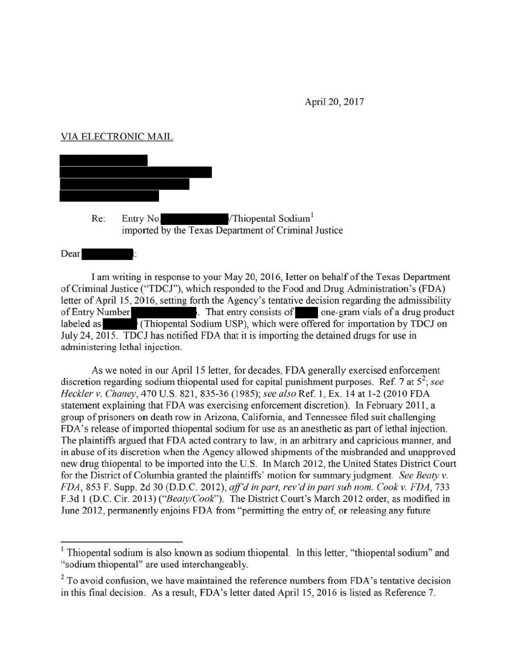 FDA's Admissibility Determination for Sodium Thiopental Entry –Texas Department of Criminal Justice, Letter Dated 4/20/2017