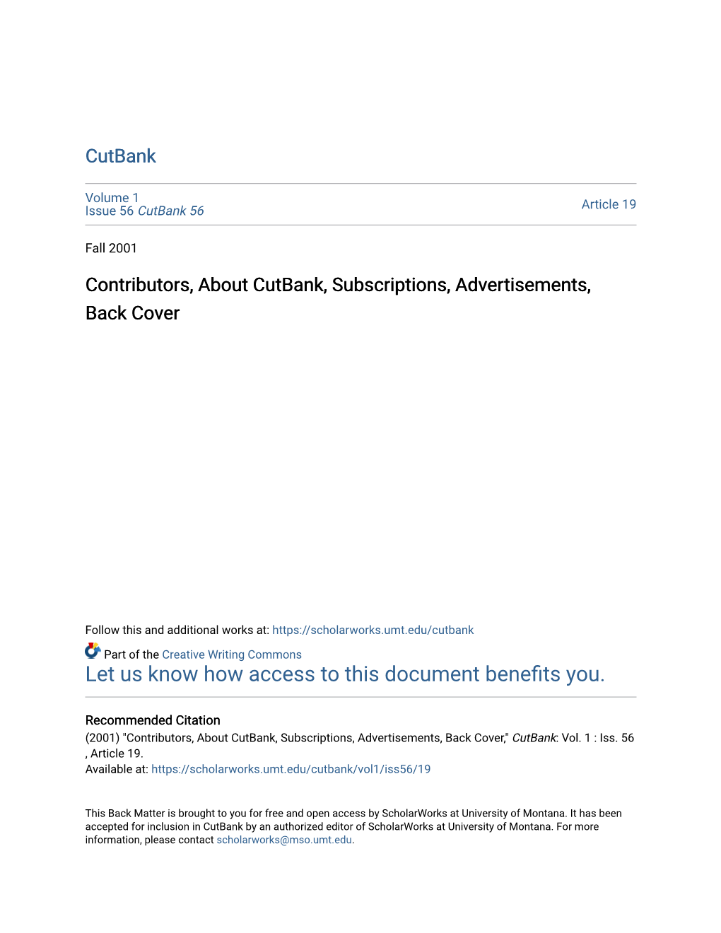 Contributors, About Cutbank, Subscriptions, Advertisements, Back Cover