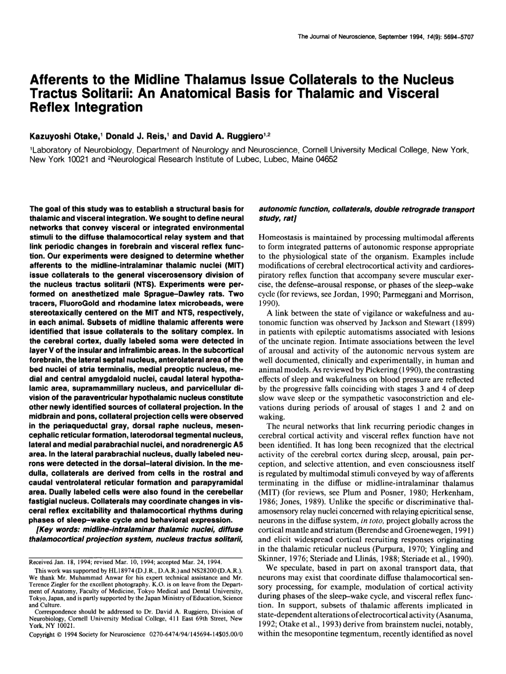 Afferents to the Midline Thalamus Issue Collaterals to the Nucleus Tractus Solitarii: an Anatomical Basis for Thalamic and Visceral Reflex Integration