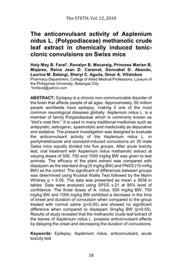 The Anticonvulsant Activity of Asplenium Nidus L. (Polypodiaceae) Methanolic Crude Leaf Extract in Chemically Induced Tonic- Clonic Convulsions on Swiss Mice