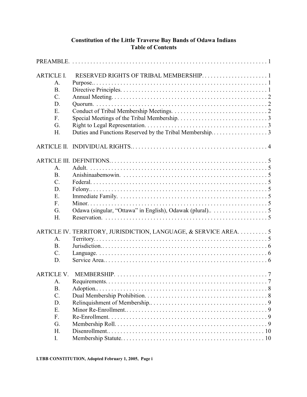 Constitution of the Little Traverse Bay Bands of Odawa Indians Table of Contents