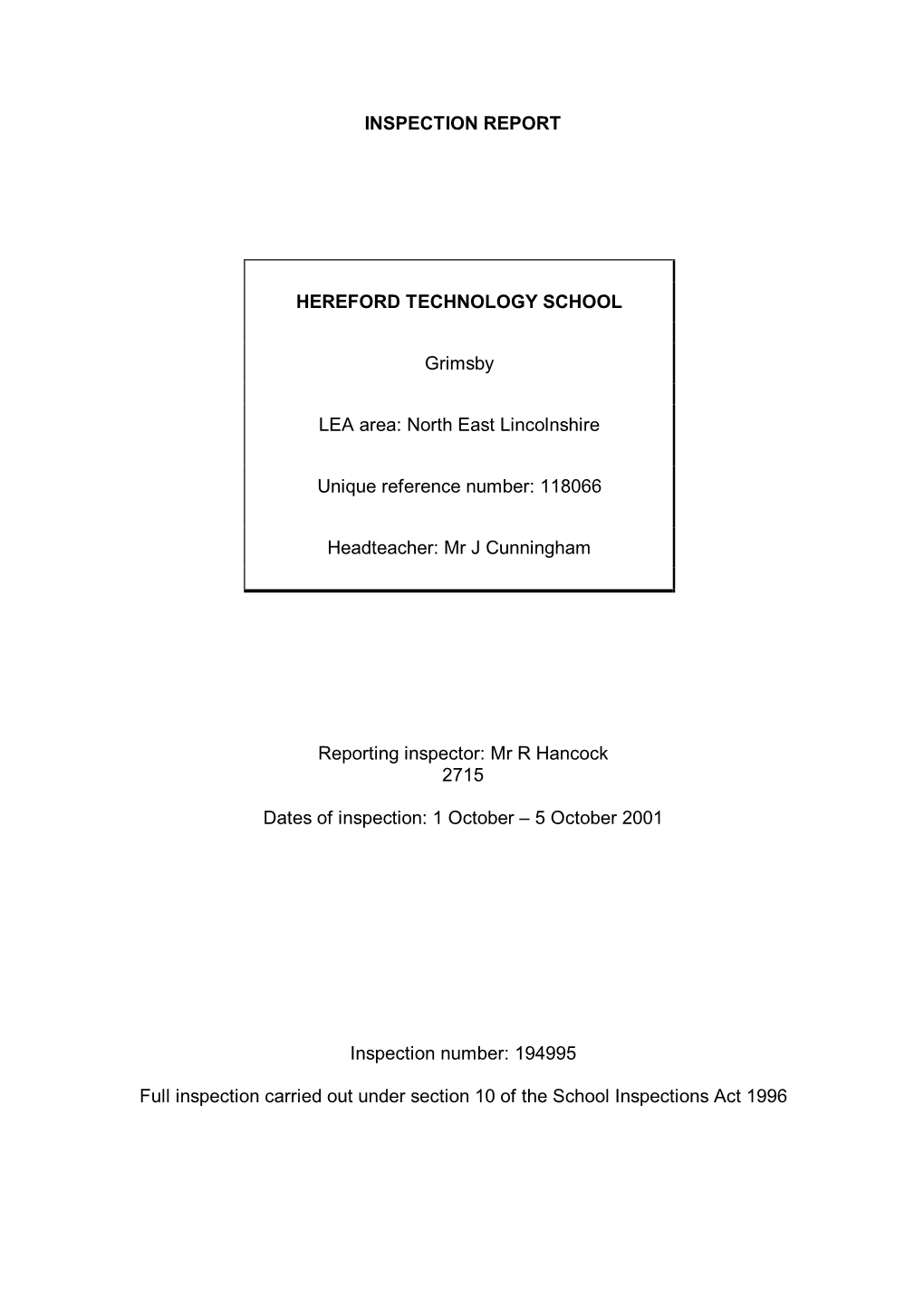 INSPECTION REPORT HEREFORD TECHNOLOGY SCHOOL Grimsby