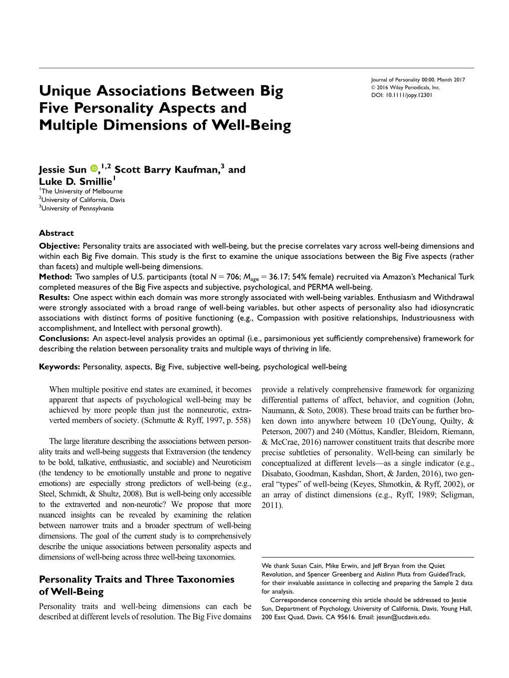 Unique Associations Between Big Five Personality Aspects and Multiple Dimensions of Well&#8208