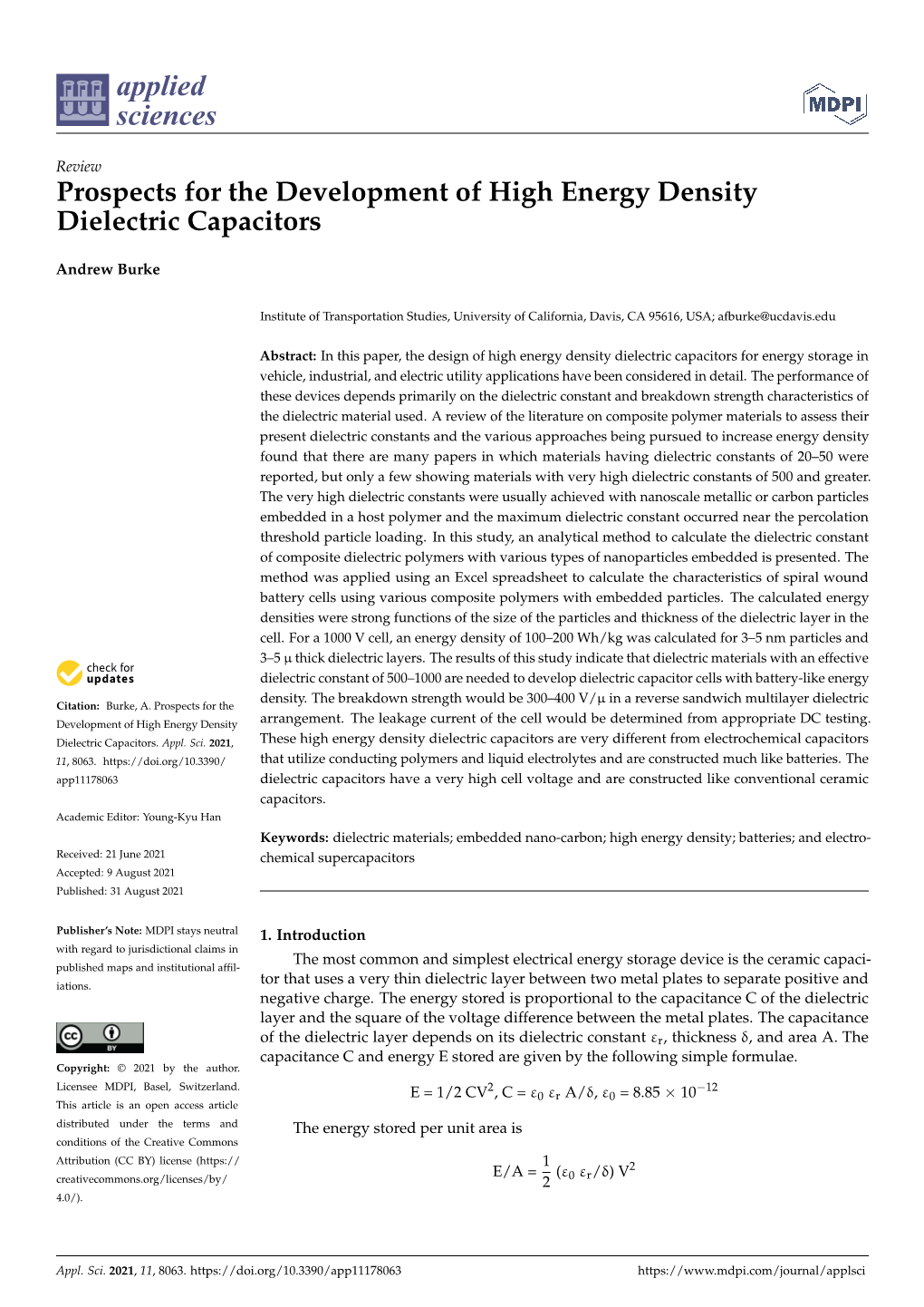 Prospects for the Development of High Energy Density Dielectric Capacitors