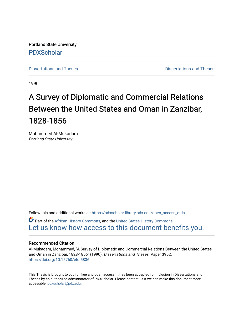A Survey of Diplomatic and Commercial Relations Between the United States and Oman in Zanzibar, 1828-1856