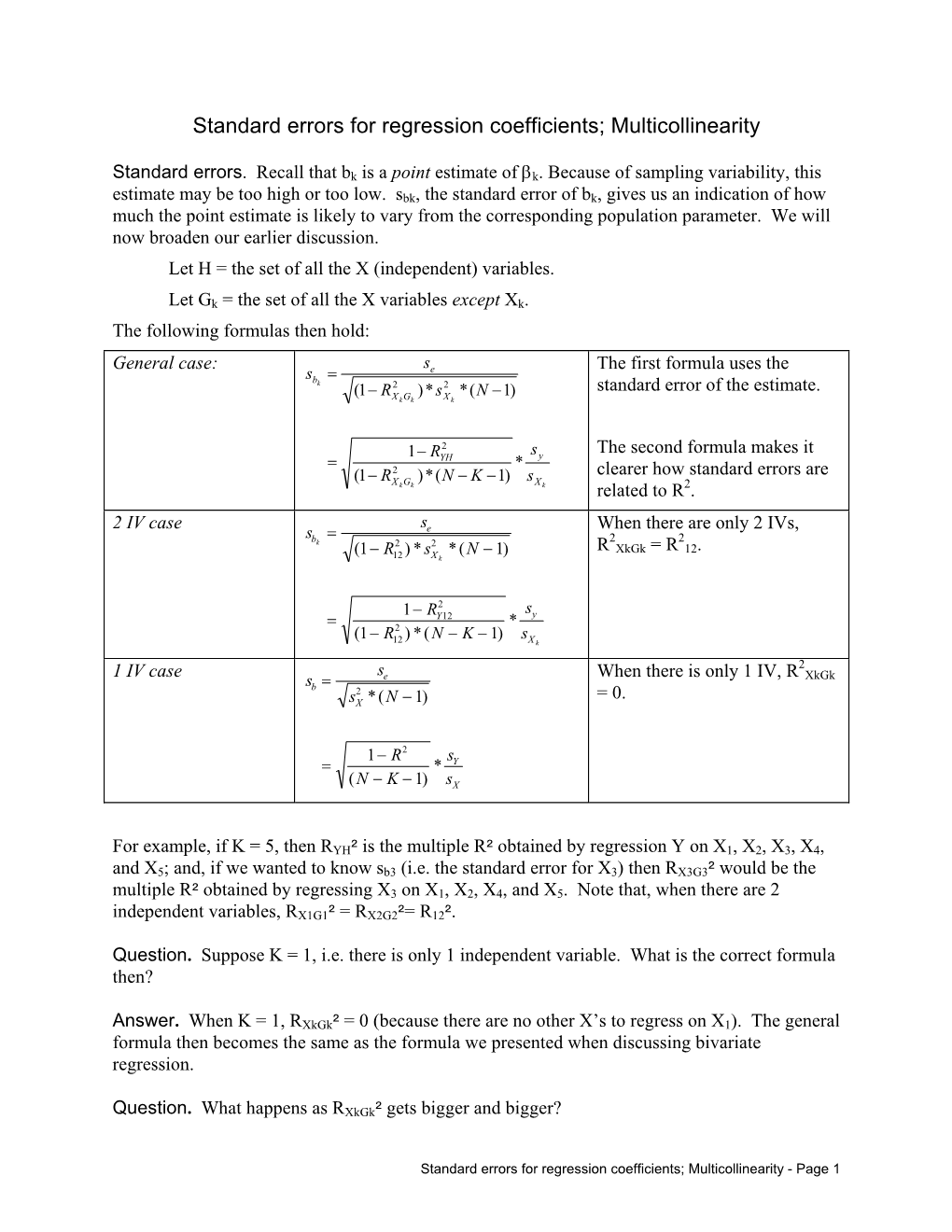 Standard Errors for Regression Coefficients; Multicollinearity