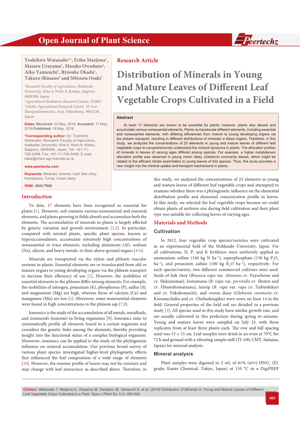 Distribution of Minerals in Young and Mature Leaves of Different Leaf Vegetable Crops Cultivated in a Field