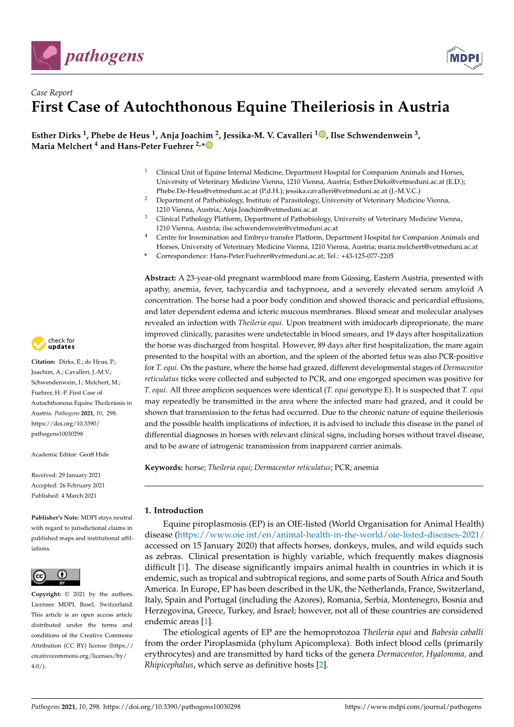 First Case of Autochthonous Equine Theileriosis in Austria