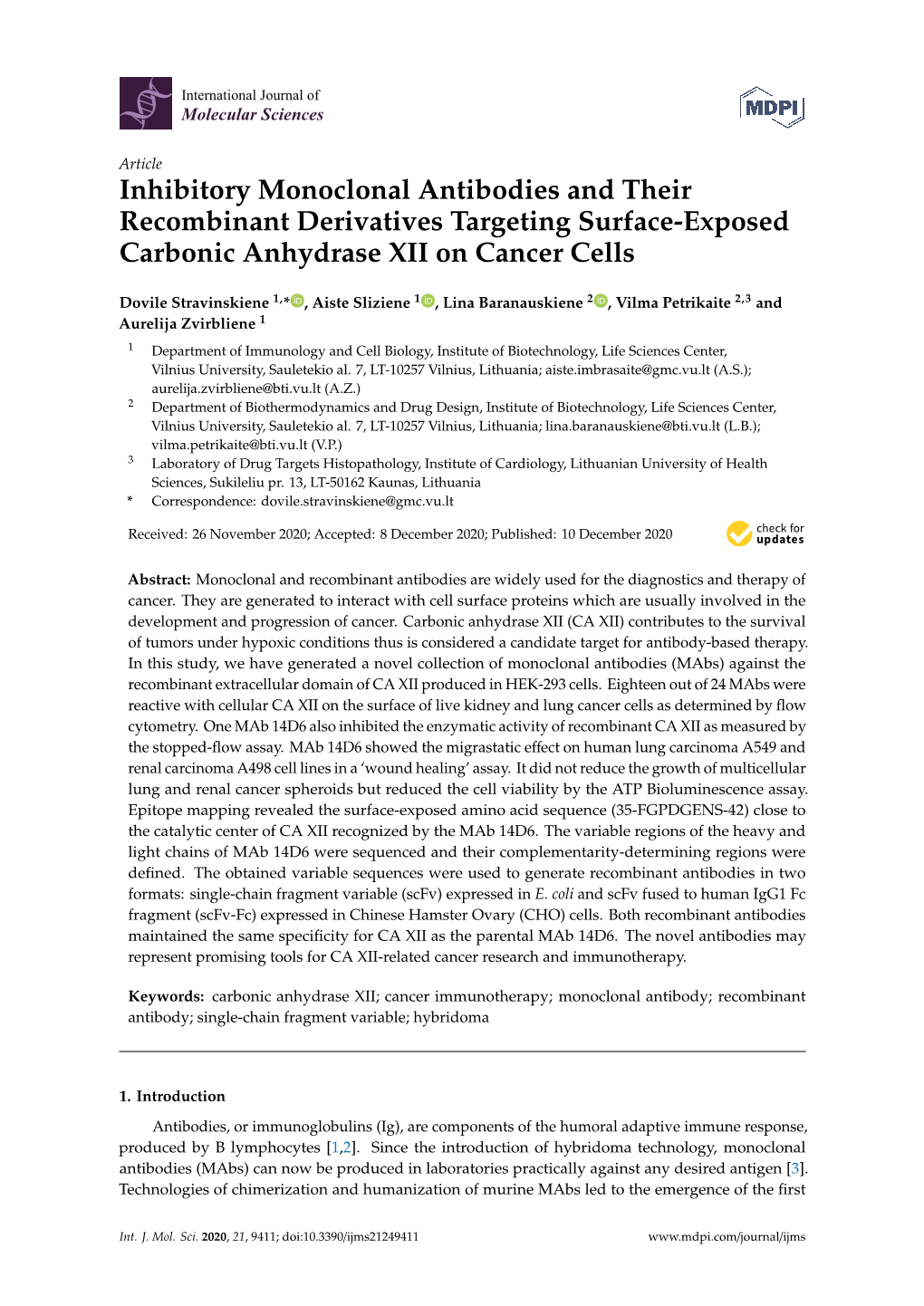 Inhibitory Monoclonal Antibodies and Their Recombinant Derivatives Targeting Surface-Exposed Carbonic Anhydrase XII on Cancer Cells