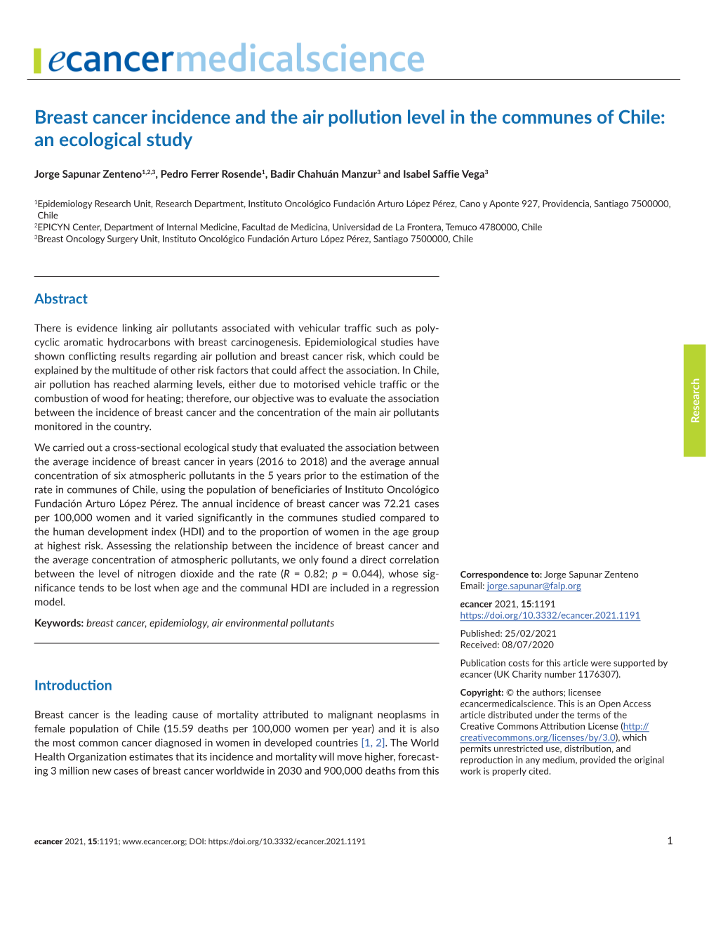 Breast Cancer Incidence and the Air Pollution Level in the Communes of Chile: an Ecological Study