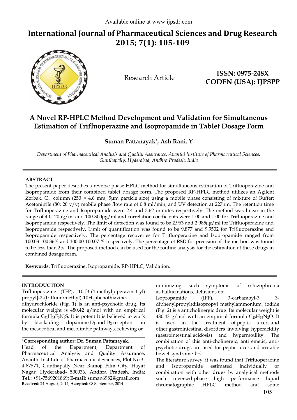 International Journal of Pharmaceutical Sciences and Drug Research 2015; 7(1): 105-109