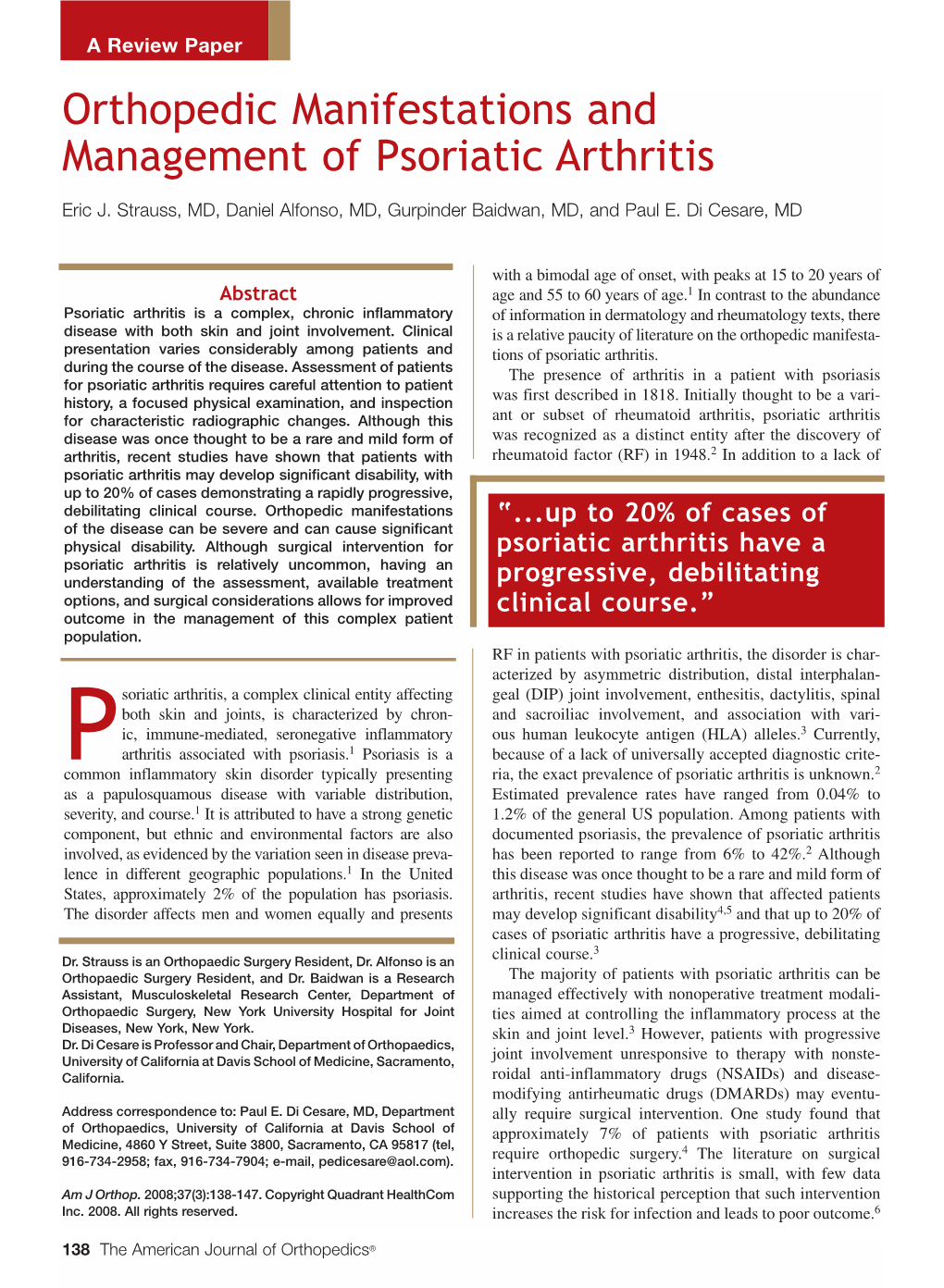 Orthopedic Manifestations and Management of Psoriatic Arthritis