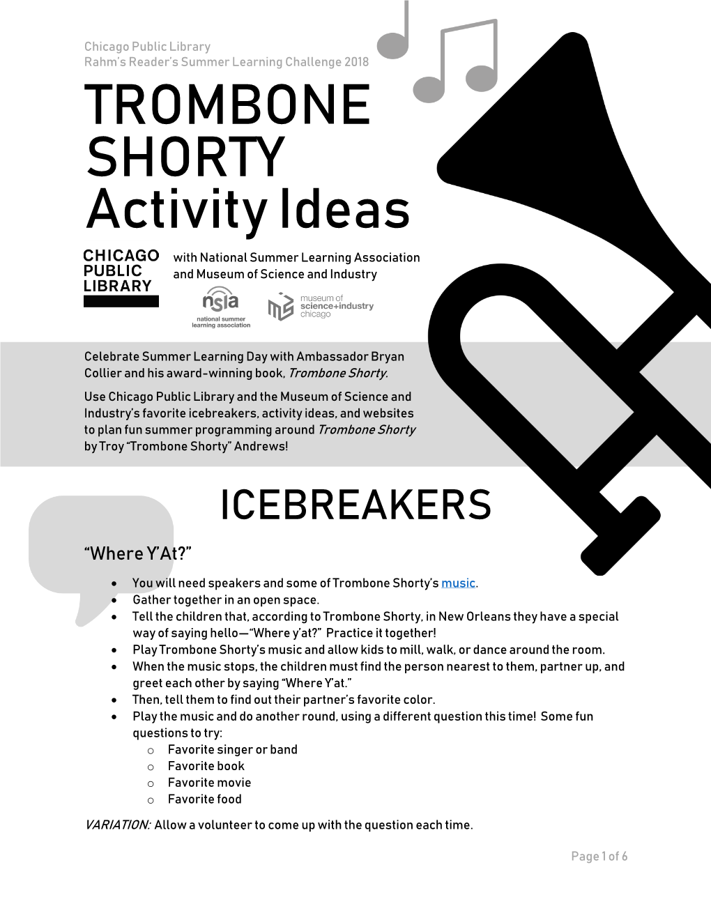 Trombone Shorty Activity Ideas