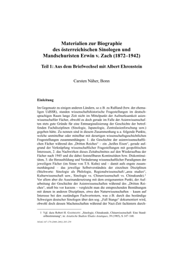 Materialien Zur Biographie Des Österreichischen Sinologen Und Mandschuristen Erwin V
