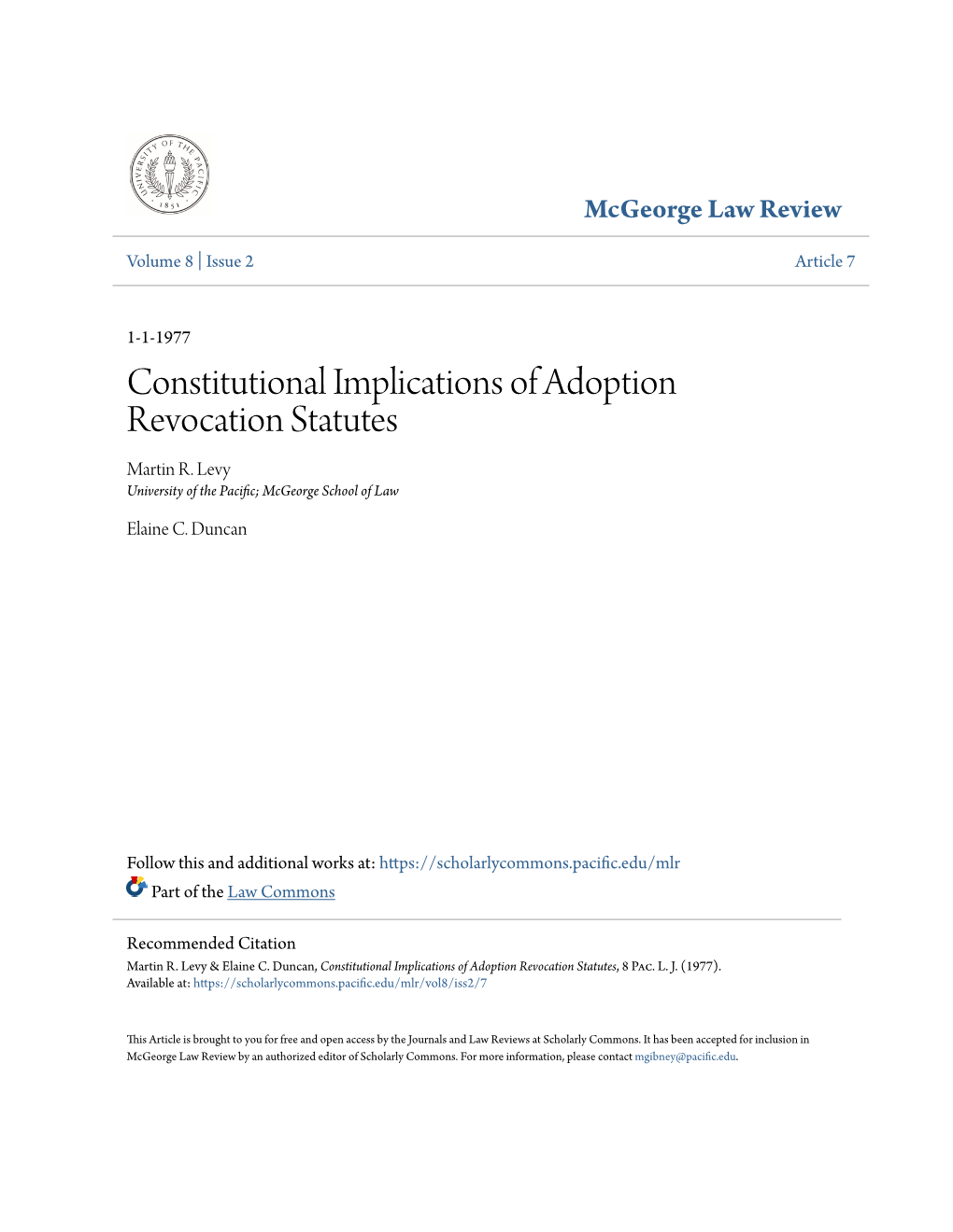 Constitutional Implications of Adoption Revocation Statutes Martin R