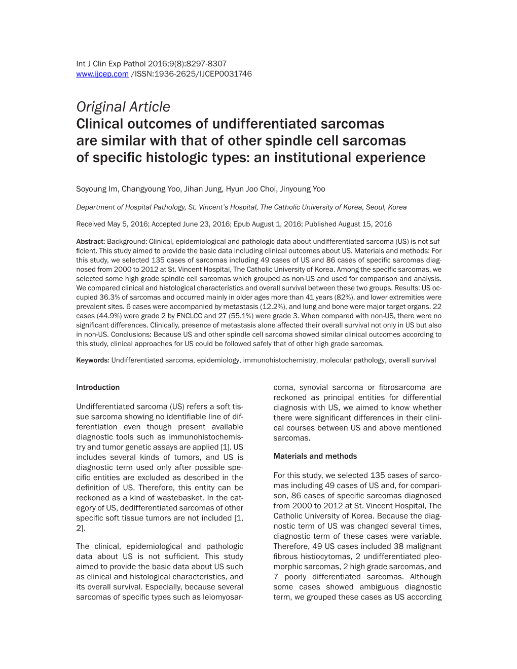Original Article Clinical Outcomes of Undifferentiated Sarcomas Are