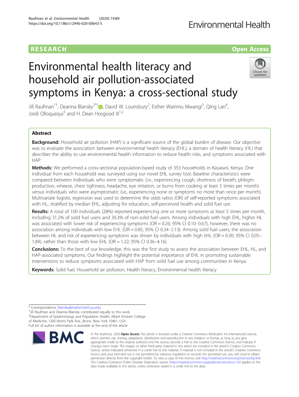 Environmental Health Literacy and Household Air Pollution-Associated Symptoms in Kenya: a Cross-Sectional Study Jill Raufman1†, Deanna Blansky2*† , David W