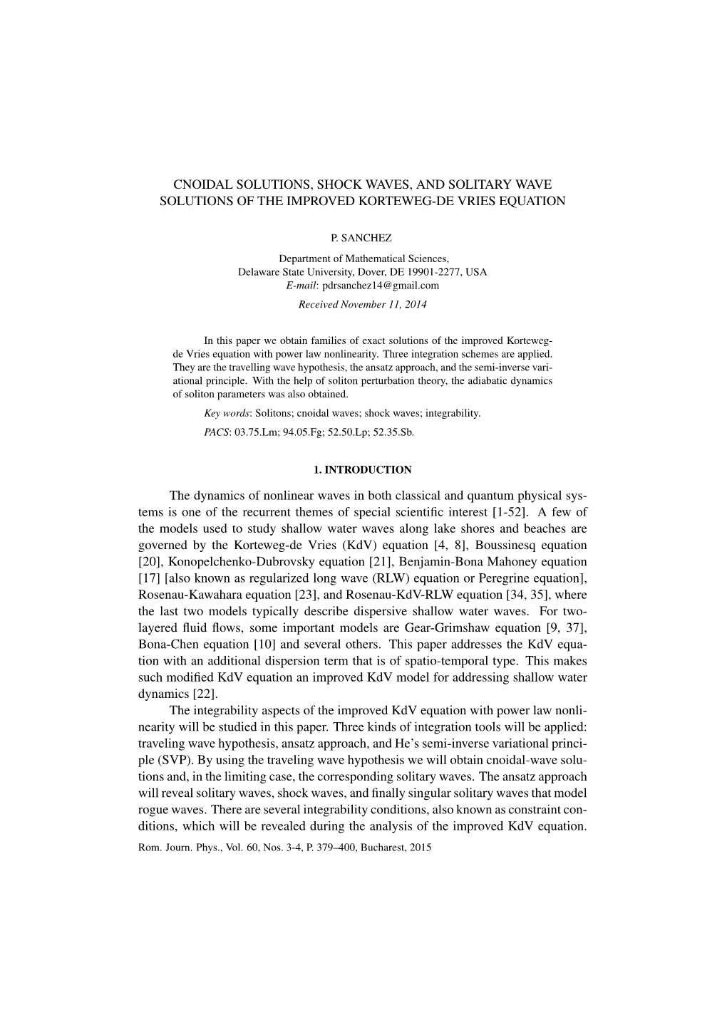 Cnoidal Solutions, Shock Waves, and Solitary Wave Solutions of the Improved Korteweg-De Vries Equation