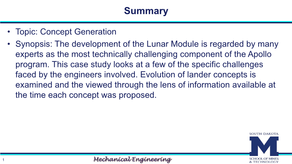 Concept Generation Example: Apollo Lunar Module