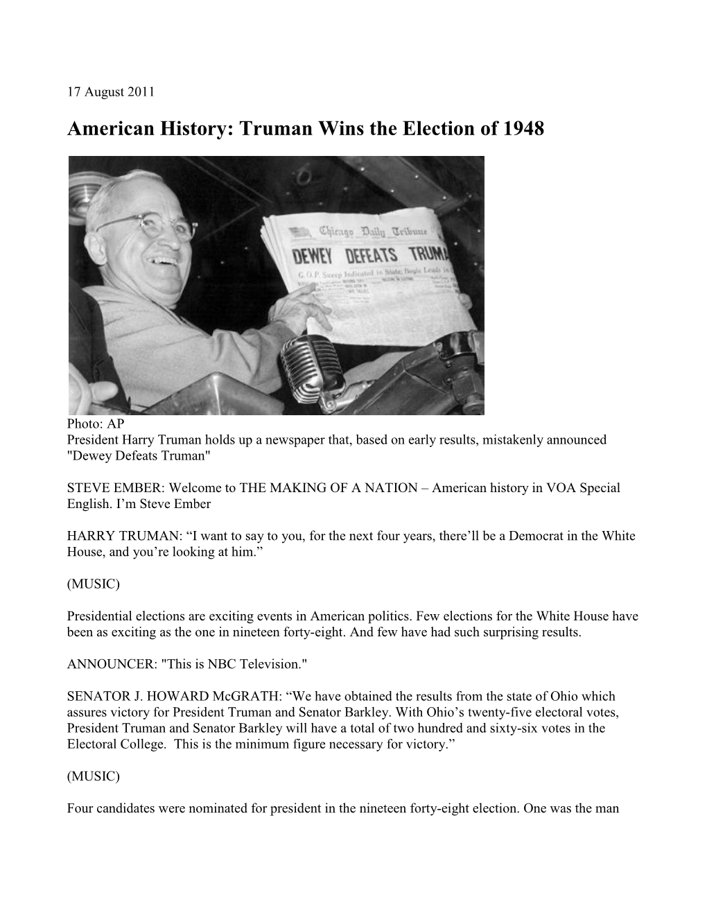 American History: Truman Wins the Election of 1948