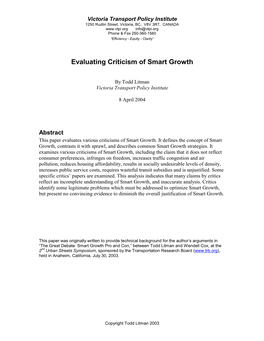 Evaluating Criticism of Smart Growth