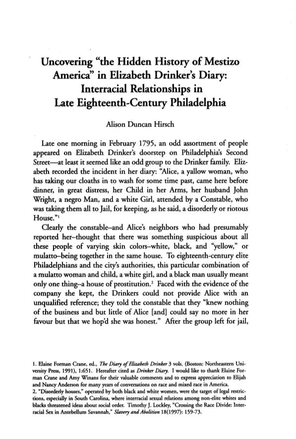 The Hidden History of Mestizo America" in Elizabeth Drinker's Diary: Interracial Relationships in Late Eighteenth-Century Philadelphia