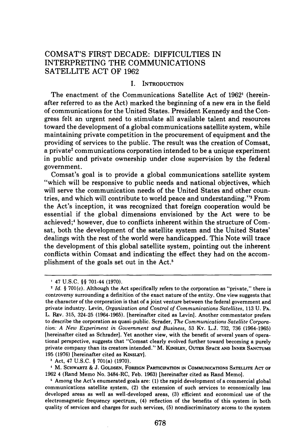 Comsat's First Decade: Difficulties in Interpreting the Communications Satellite Act of 1962