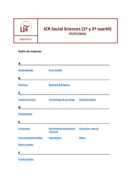 JCR Social Sciences (1º Y 2º Cuartil) 07/07/2016