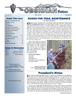 May 2018 Number 5 Inside This Issue KUDOS for TRAIL MAINTENANCE