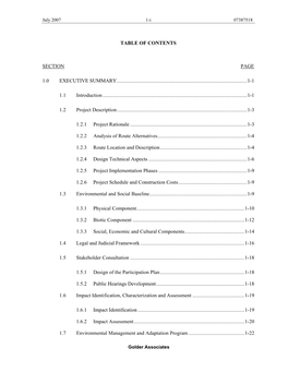 Table of Contents Section Page 1.0 Executive Summary