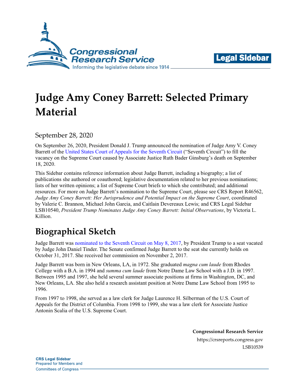 Judge Amy Coney Barrett: Selected Primary Material