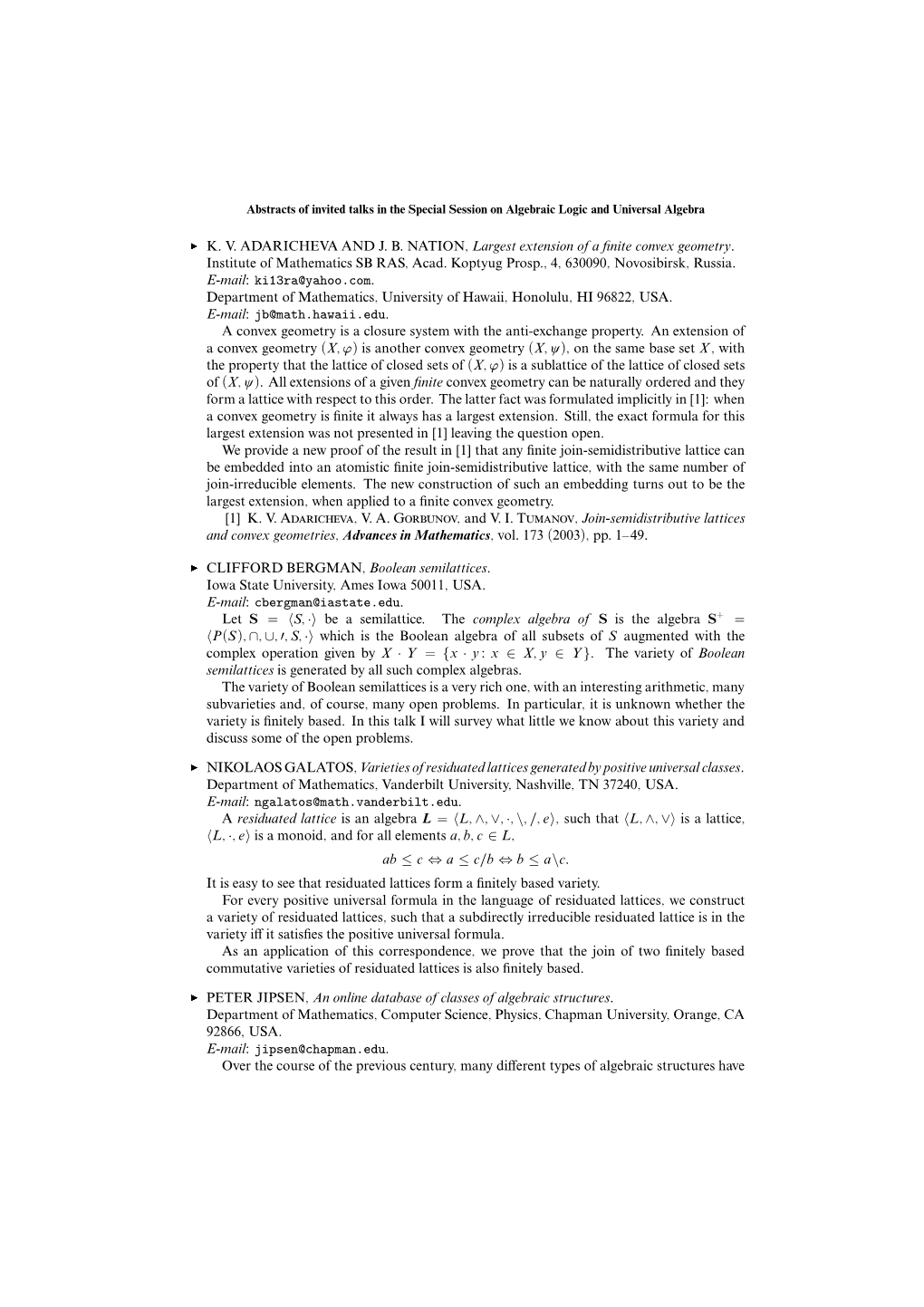 Special Session in Algebraic Logic and Universal Algbera