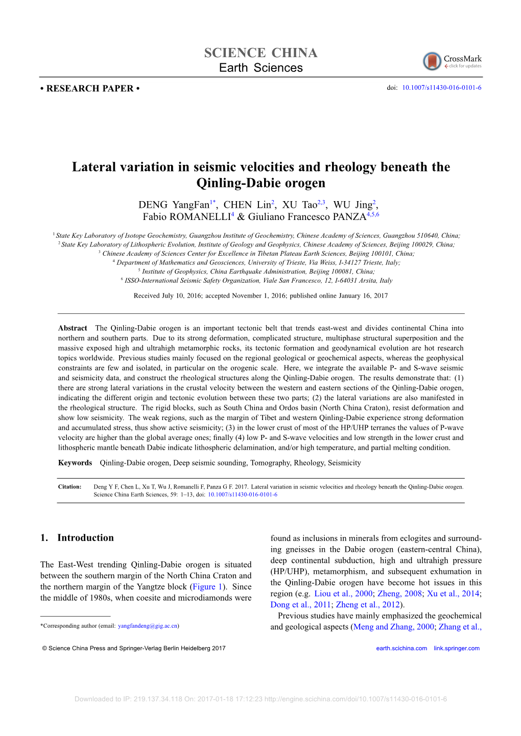 SCIENCE CHINA Lateral Variation in Seismic Velocities and Rheology