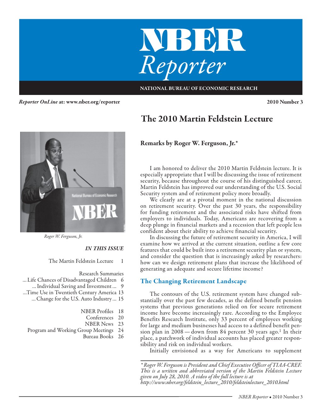 NBER Reporter NATIONAL BUREAU of ECONOMIC RESEARCH