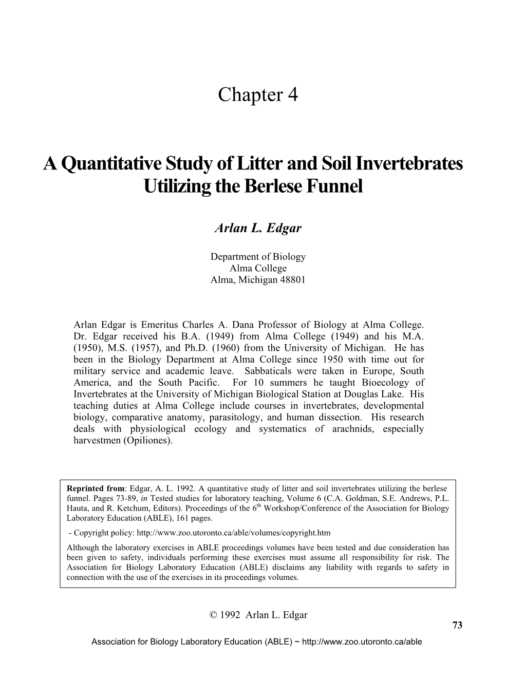 Chapter 4 a Quantitative Study of Litter and Soil Invertebrates