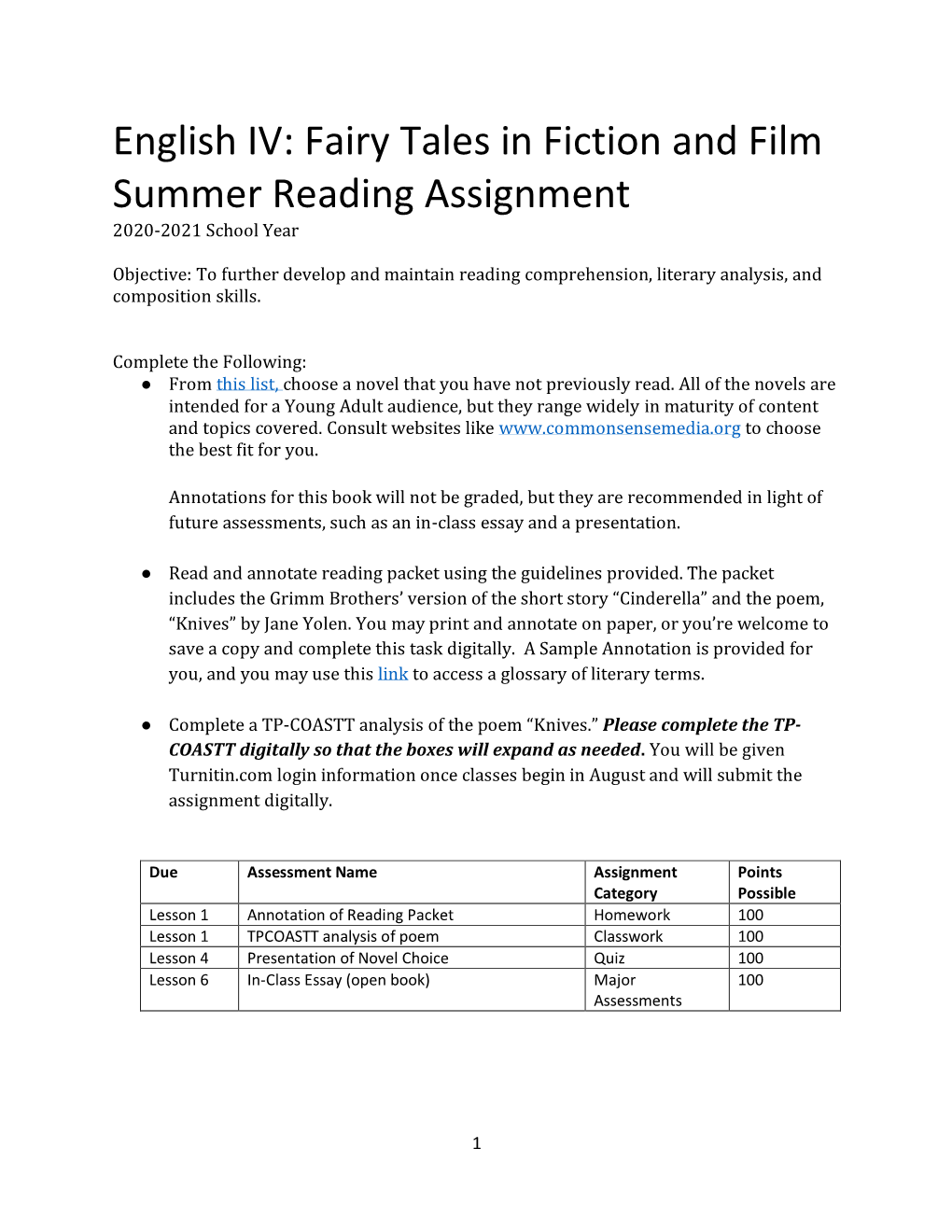 English IV: Fairy Tales in Fiction and Film Summer Reading Assignment 2020-2021 School Year