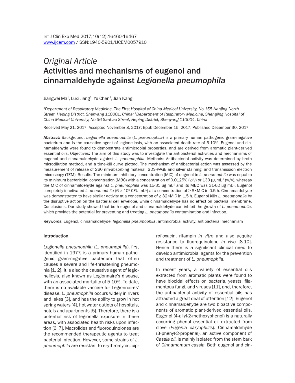 Original Article Activities and Mechanisms of Eugenol and Cinnamaldehyde Against Legionella Pneumophila