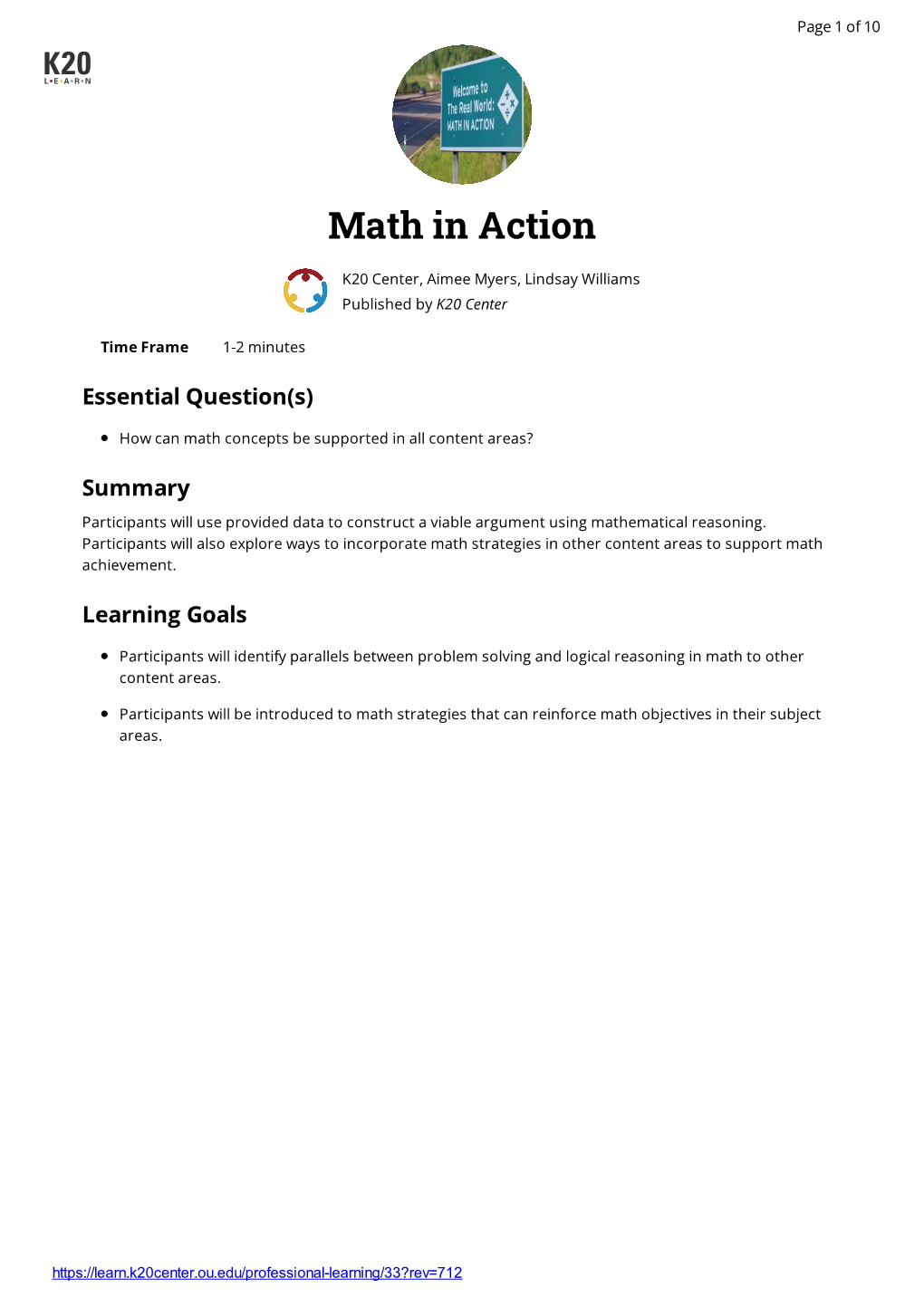 Math in Action K20 Center, Aimee Myers, Lindsay Williams Published by K20 Center
