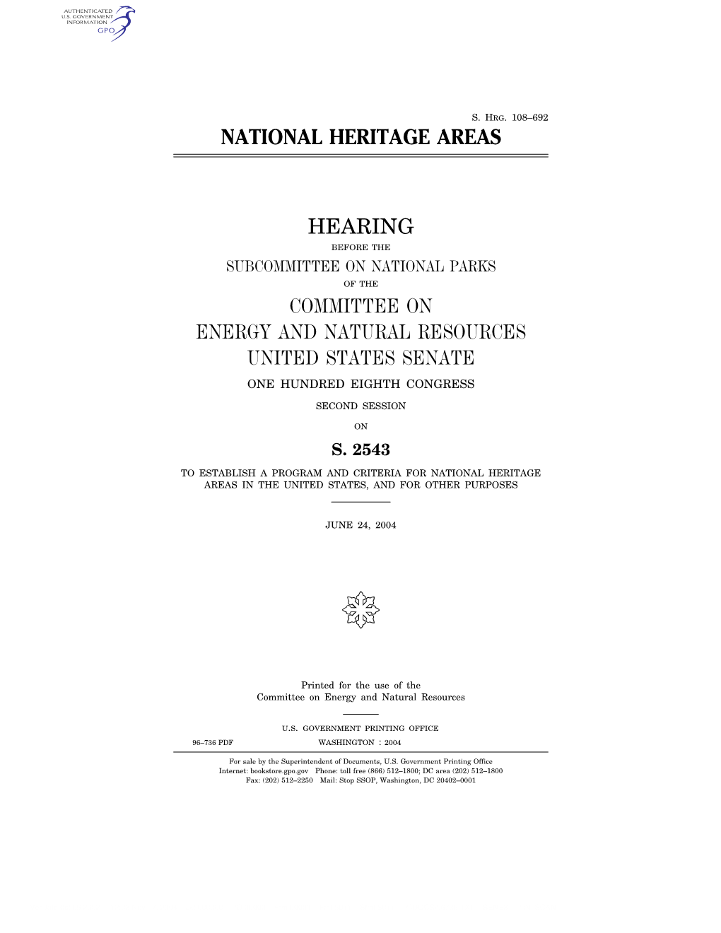 National Heritage Areas Hearing Committee on Energy and Natural Resources United States Senate