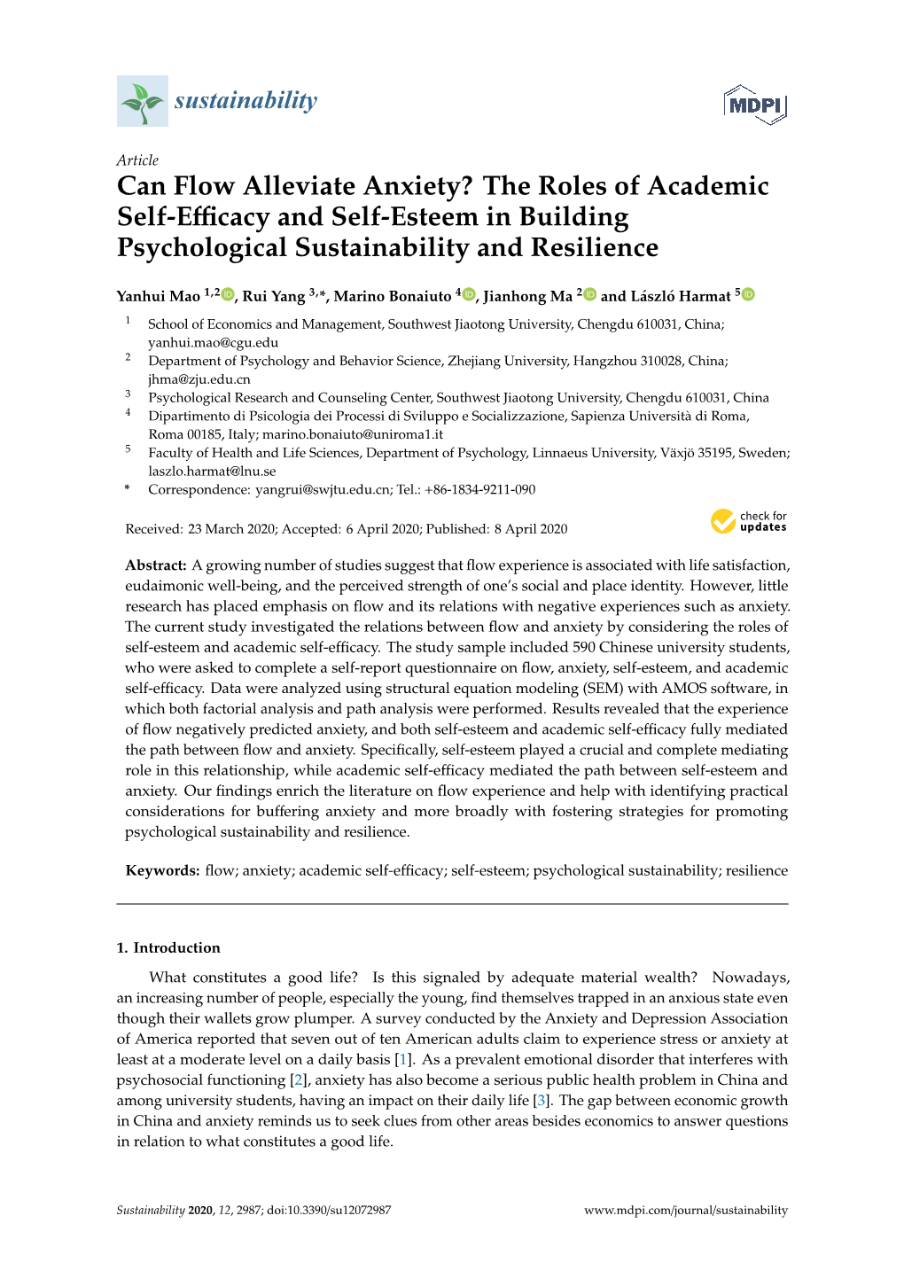 Can Flow Alleviate Anxiety? the Roles of Academic Self-Eﬃcacy and Self-Esteem in Building Psychological Sustainability and Resilience