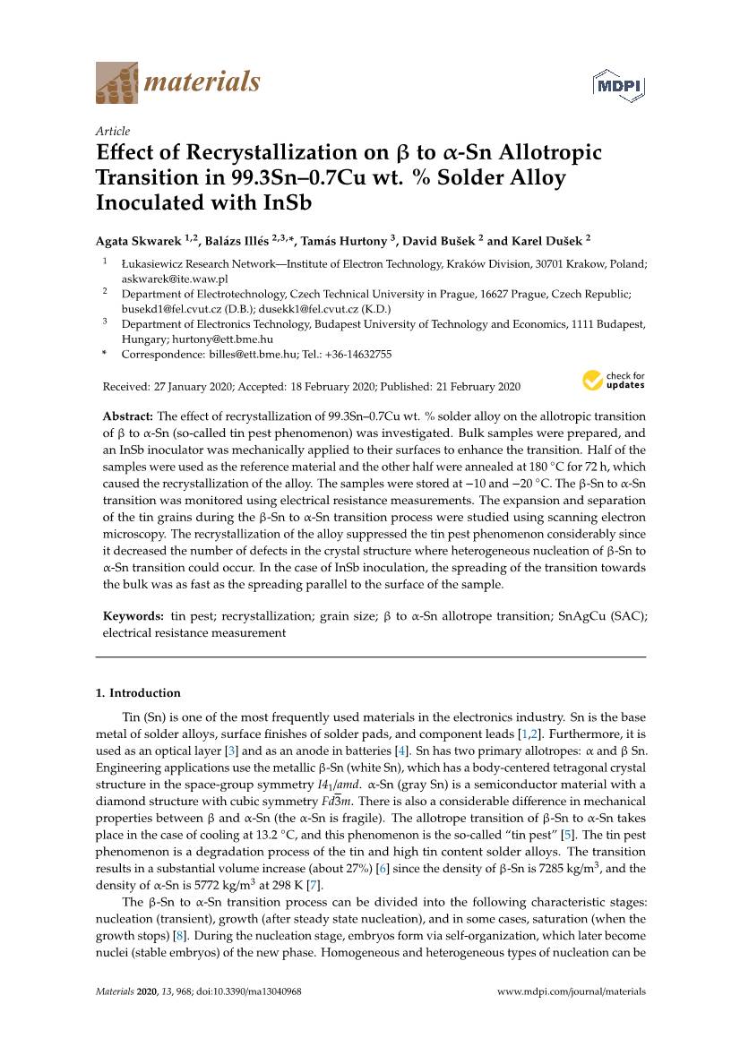 Sn Allotropic Transition in 99.3Sn–0.7Cu Wt. % Solder Alloy Inoculated with Insb