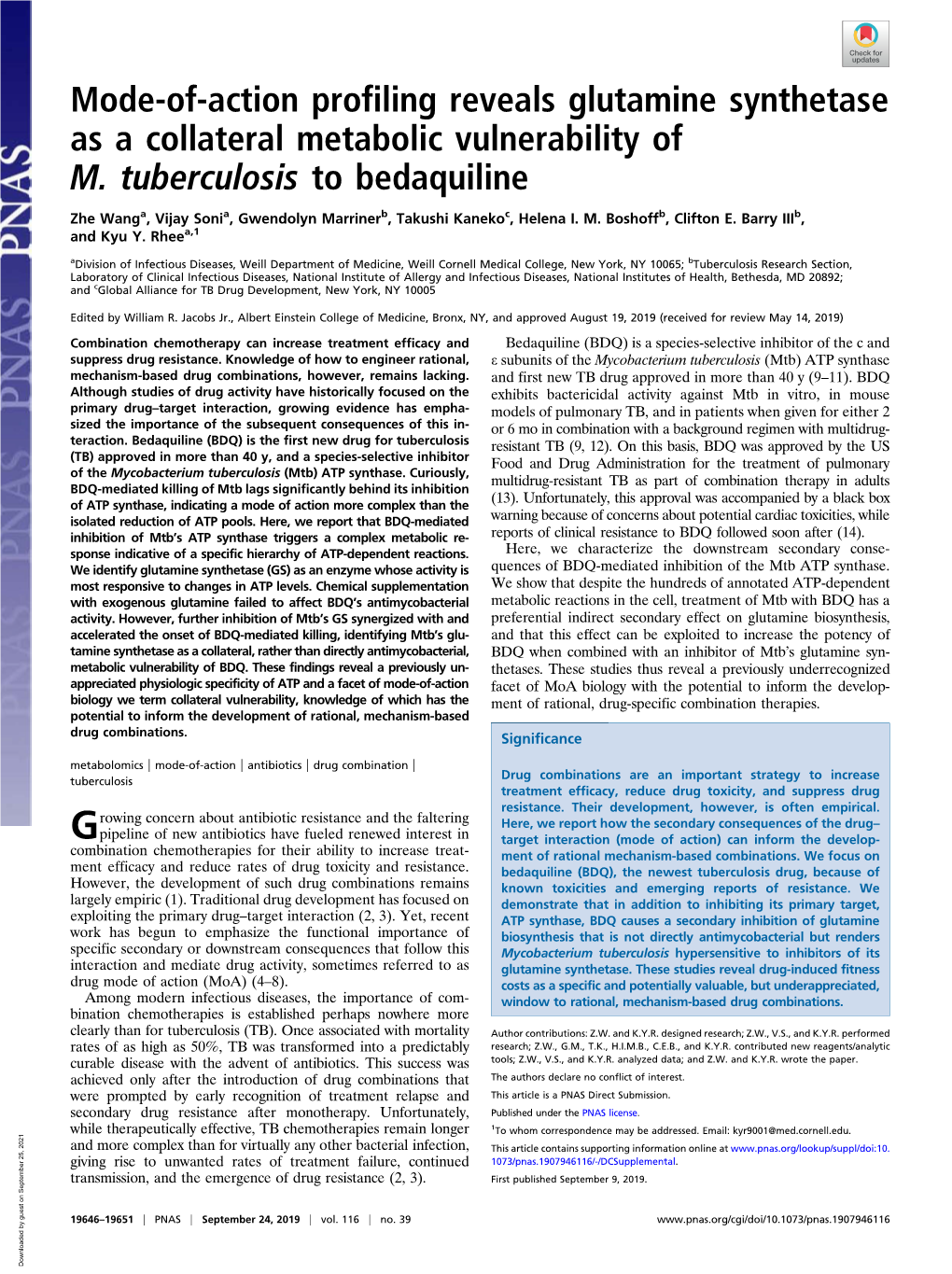 Mode-Of-Action Profiling Reveals Glutamine Synthetase As a Collateral Metabolic Vulnerability of M. Tuberculosis to Bedaquiline