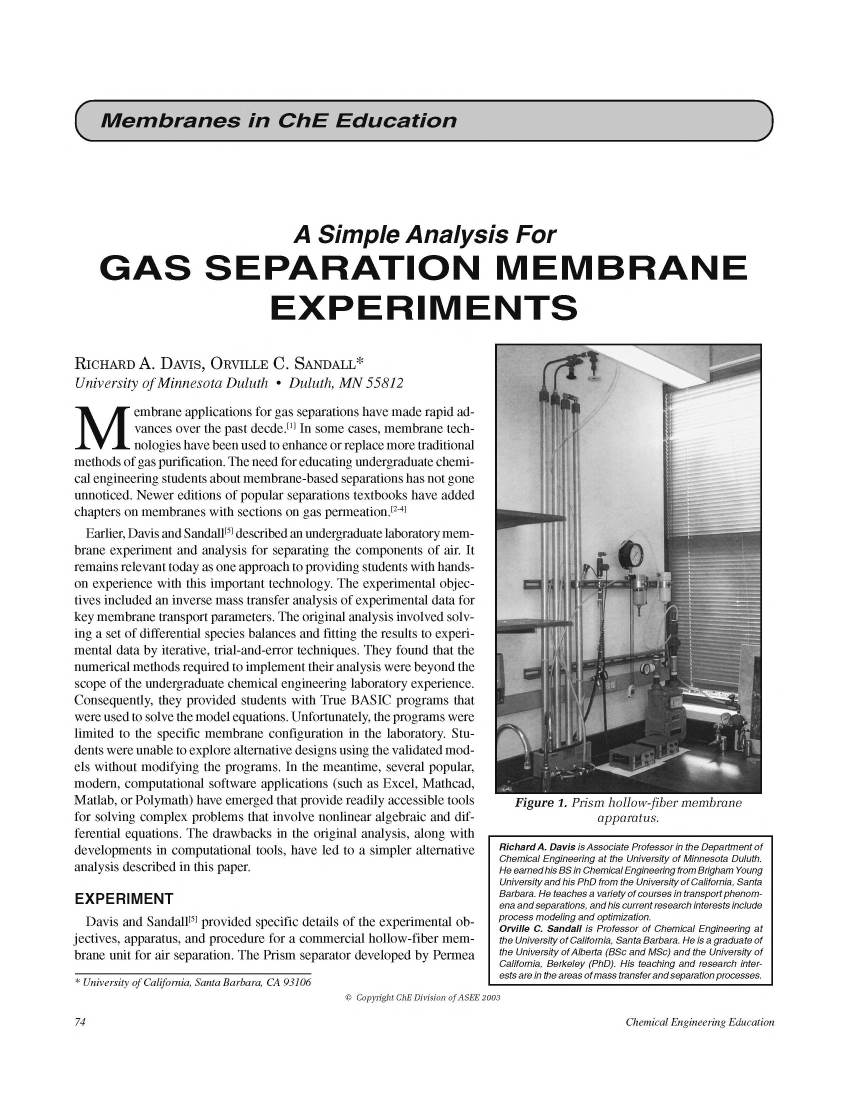 Gas Separation Membrane Experiments