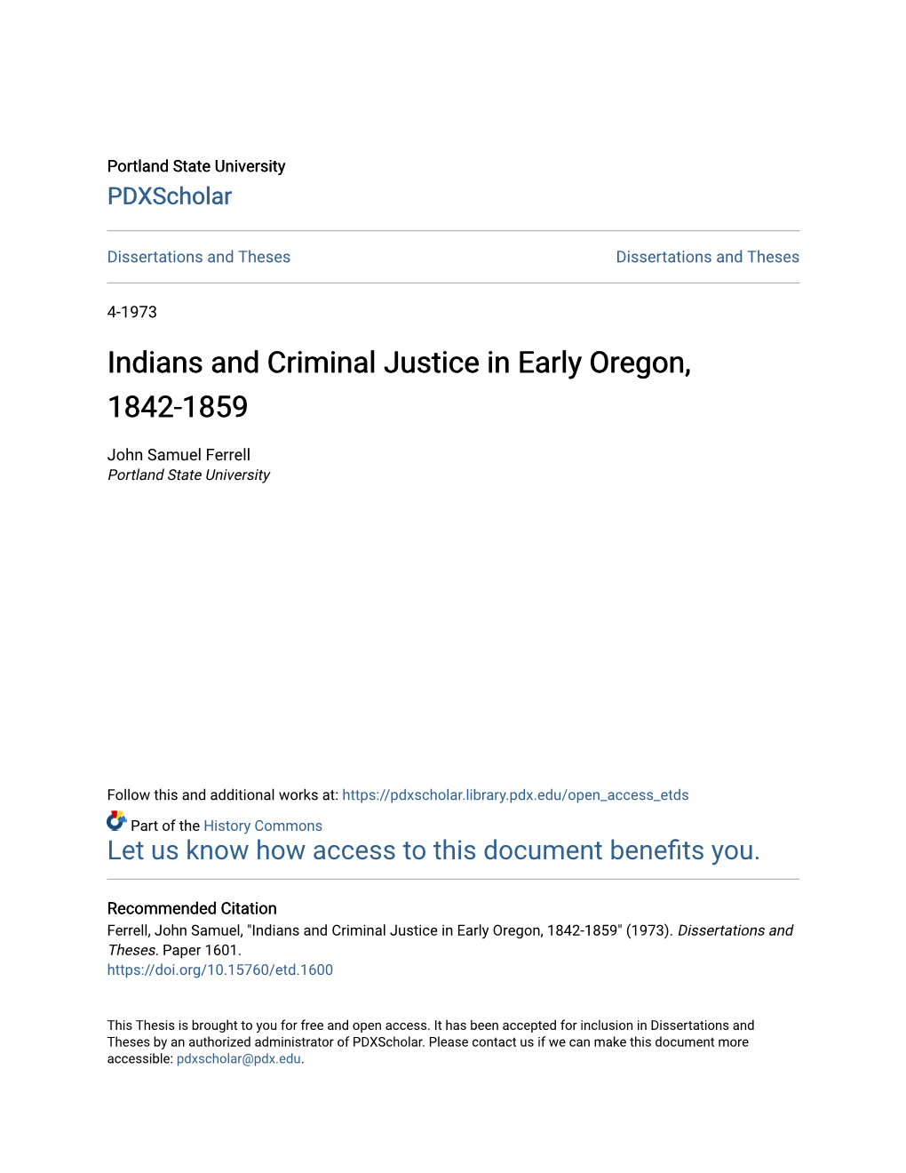 Indians and Criminal Justice in Early Oregon, 1842-1859