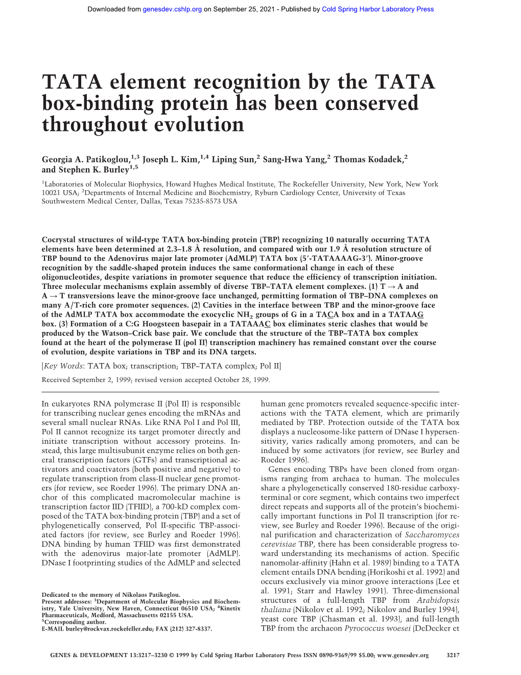 TATA Element Recognition by the TATA Box-Binding Protein Has Been Conserved Throughout Evolution