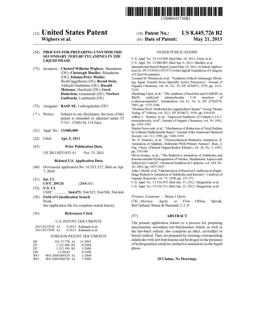 (12) United States Patent (10) Patent No.: US 8.445,726 B2 Wigbers Et Al