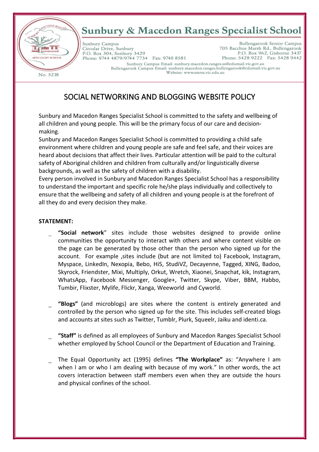 Social Networking and Blogging Website Policy