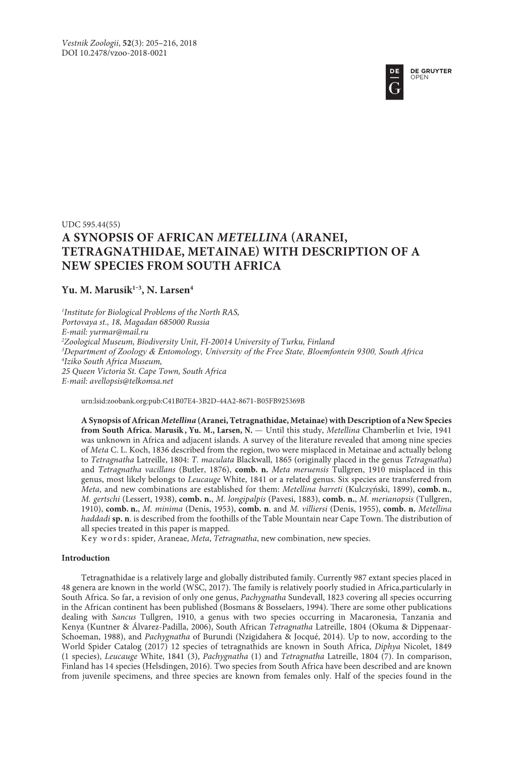 A Synopsis of African Metellina (Aranei, Tetragnathidae, Metainae) with Description of a New Species from South Africa