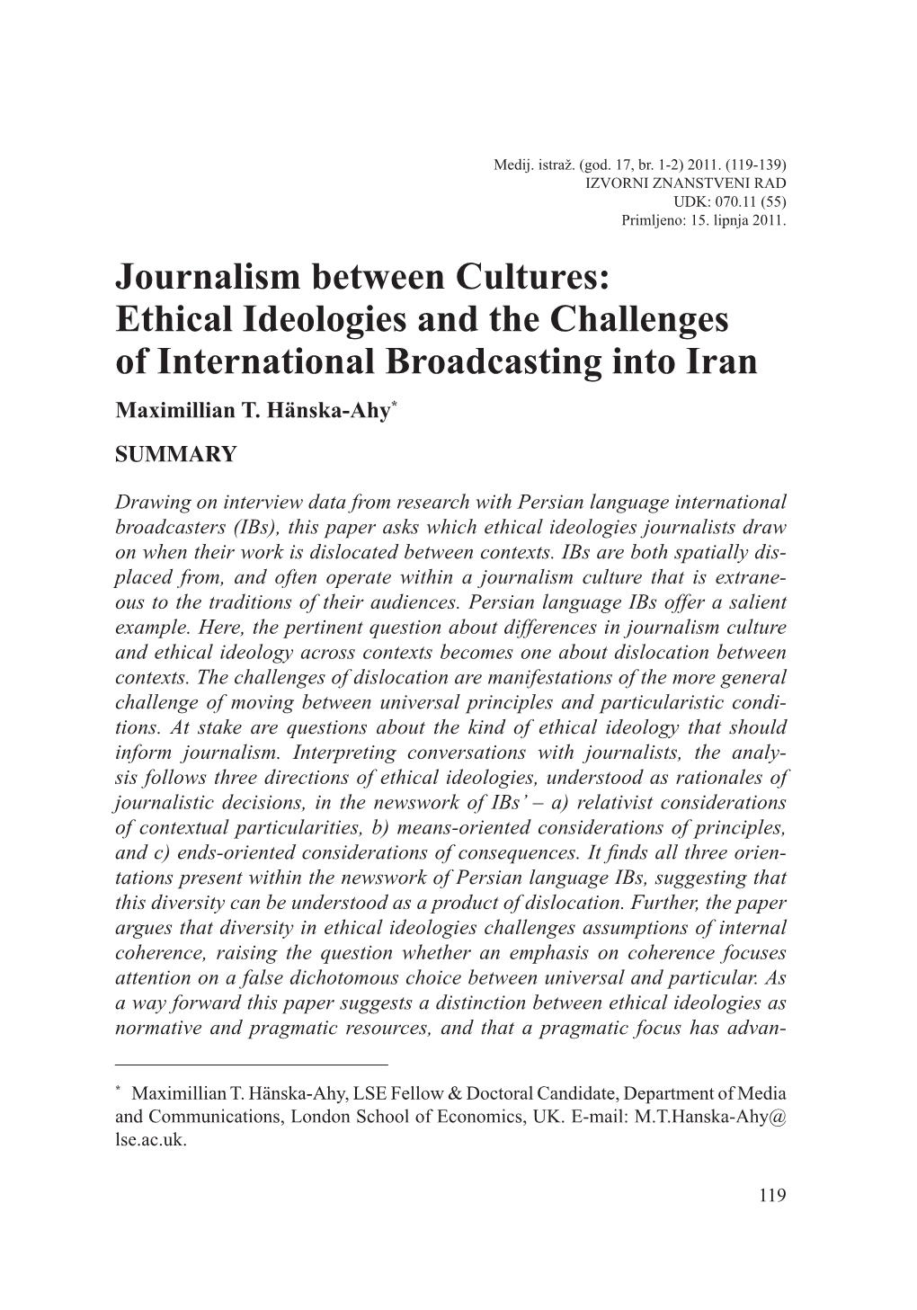 Journalism Between Cultures: Ethical Ideologies and the Challenges of International Broadcasting Into Iran Maximillian T